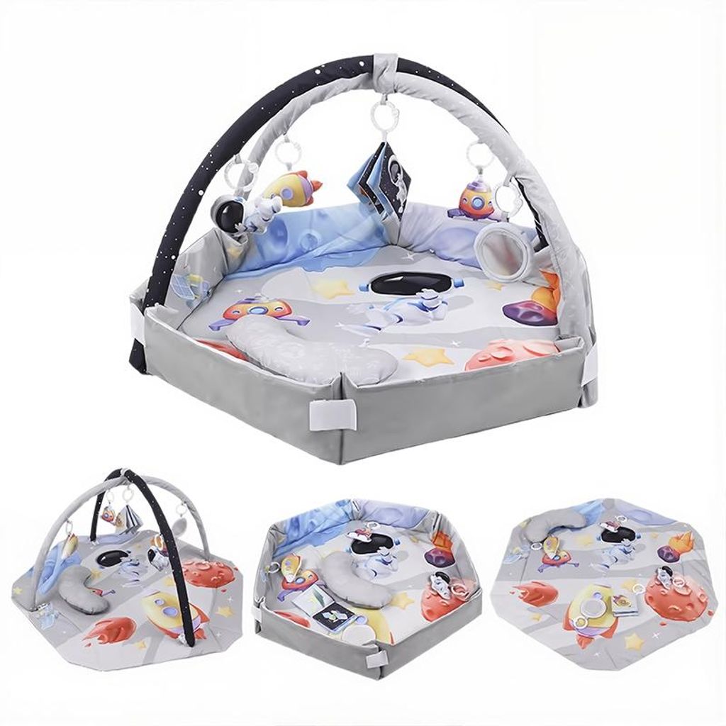 Hexagon Babygym Spielmatte mit Bällebad, Sensorik-Spielzeug, Kissen, Waldtiere-Motiv, Krabbelmatte Lernspielzeug Spieldecke für Babys, faltbar, Grau