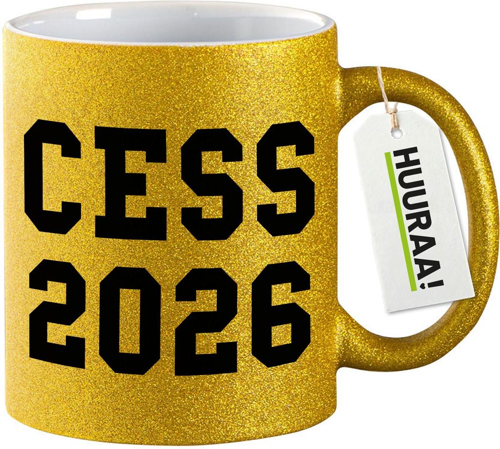 Huuraa Glitzertasse CESS 2026 Abschluss Belgien (frz.) 330ml Gold Keramik Kaffeebecher Geschenkidee