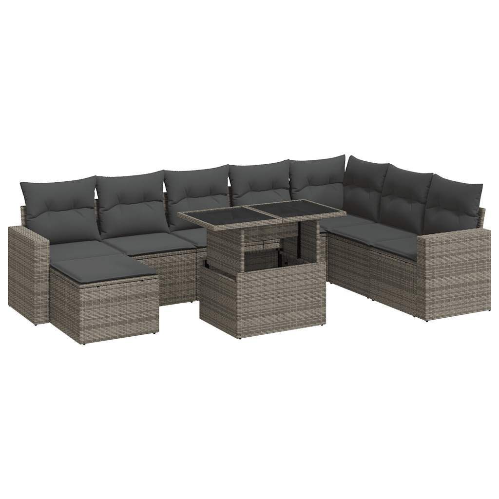 "SALE 2026" 9-tlg. Garten-Sofagarnitur/Garten-Essgruppe - Lounge-Set - Balkonmöbel Set - mit Kissen Grau Poly Rattan - Gartenmöbelset DE1283153