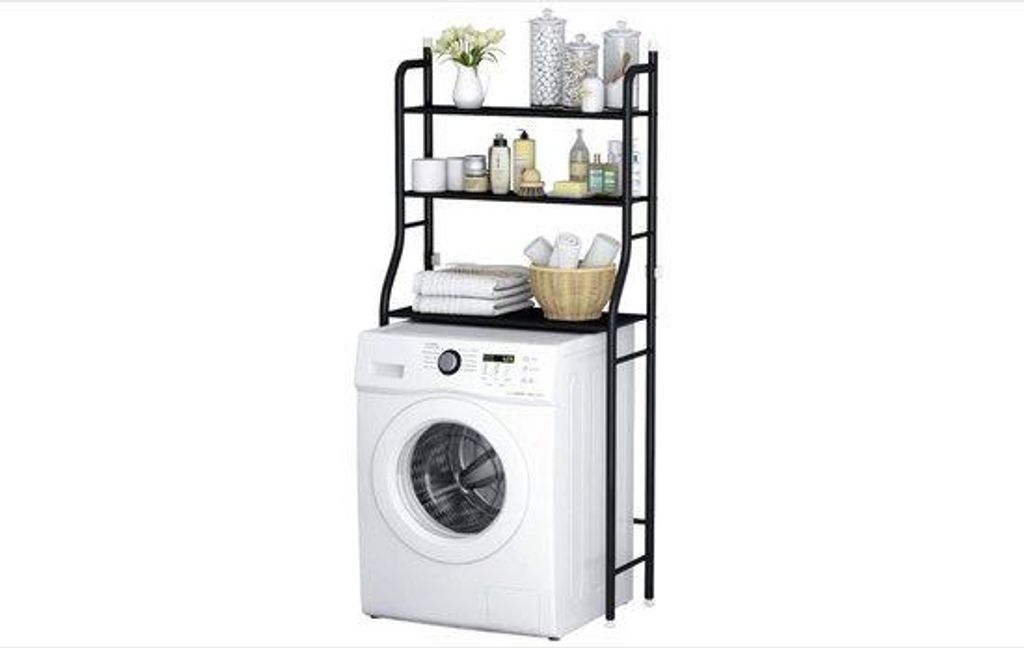Badezimmer-Schrank, über die Waschmaschine, 3 Regale, Badezimmer-Eck-Ständer, mit Hängestange, Badezimmer-Turmregal, schwarz