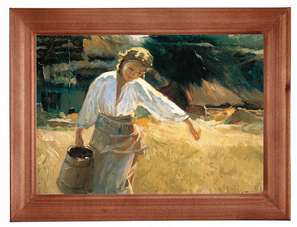 Reproduktion des Gemäldes in einem Holzrahmen, 13x18 cm - Mädchen mit einem Krug. Apoloniusz Kędzierski