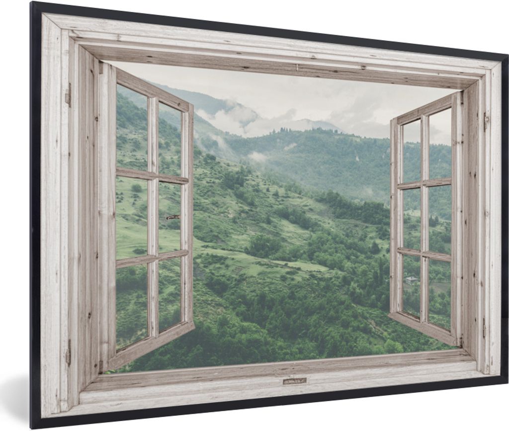 MuchoWow Gerahmtes Poster Aussicht - Berg - Holz 30x20 cm - Poster mit Schwarzem Bilderrahmen Wandposter Rahmen Foto Bilder - Kunstdruck - Bild-P...