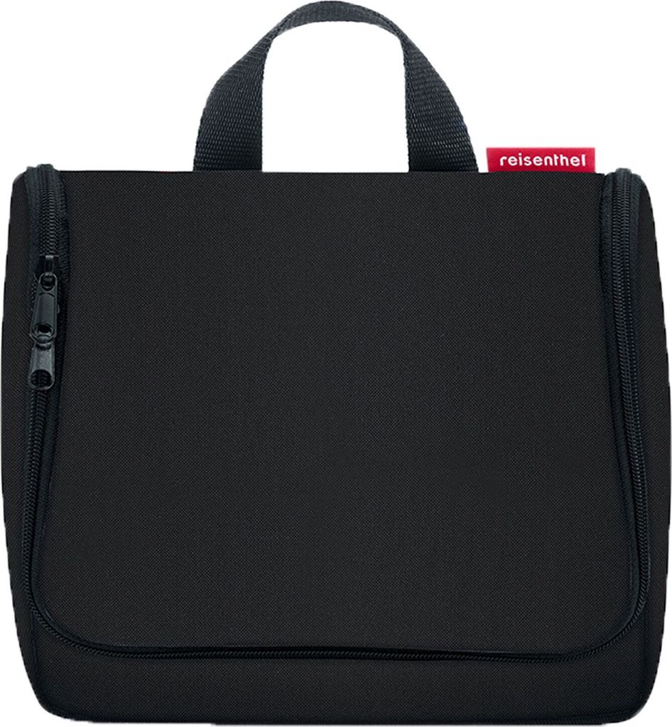 A black toiletry bag with a handle and zippers.