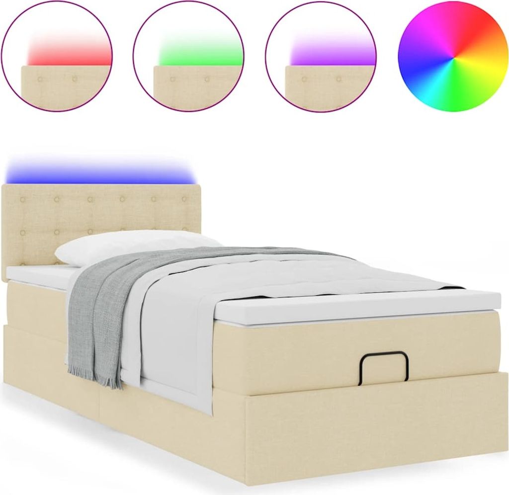 "WINTER SALE"Ottoman-Bett - Einzelbett/Jugendbett mit Lattenrost - mit Matratze & LEDs - Creme 90x190cm Stoff - Klassische Betten NeuMöbel462743
