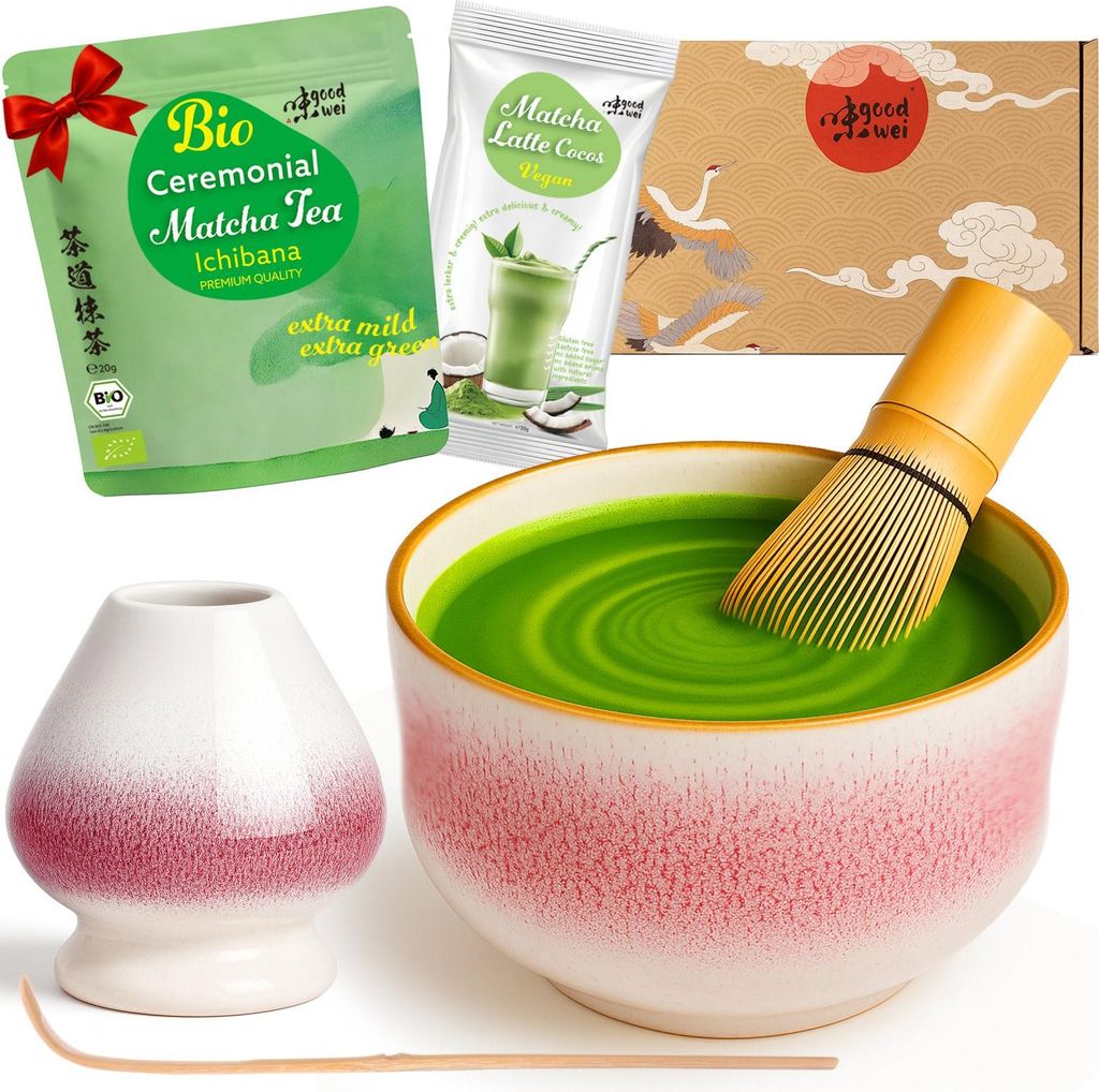Matcha Teezeremonie Set "Kiku" mit Schale, Besen, Besenhalter & Matchapulver + Cocos – edles Komplettset für Matcha-Genuss und Zeremonie