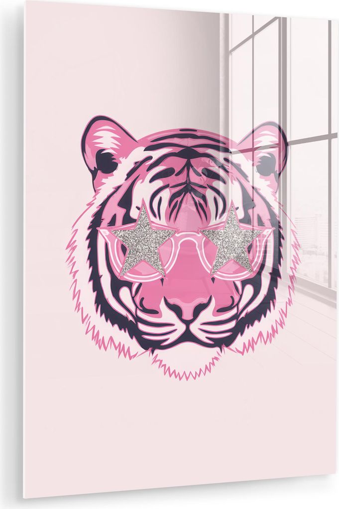 MuchoWow Glasbilder - Bilder auf Wandbild - Foto auf Glas Tiger - Glitzer-Sonnenbrille - Rosa 60x80 cm Wanddekoration aus Glas - Acrylglasbild - Ac...