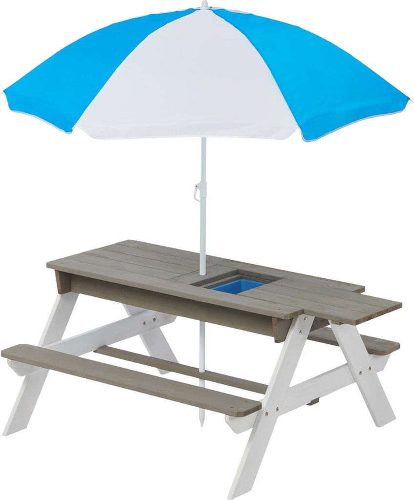 3-in-1 Kinder Picknicktisch mit Sandkasten, verstellbarem Sonnenschirm, robustes Holz