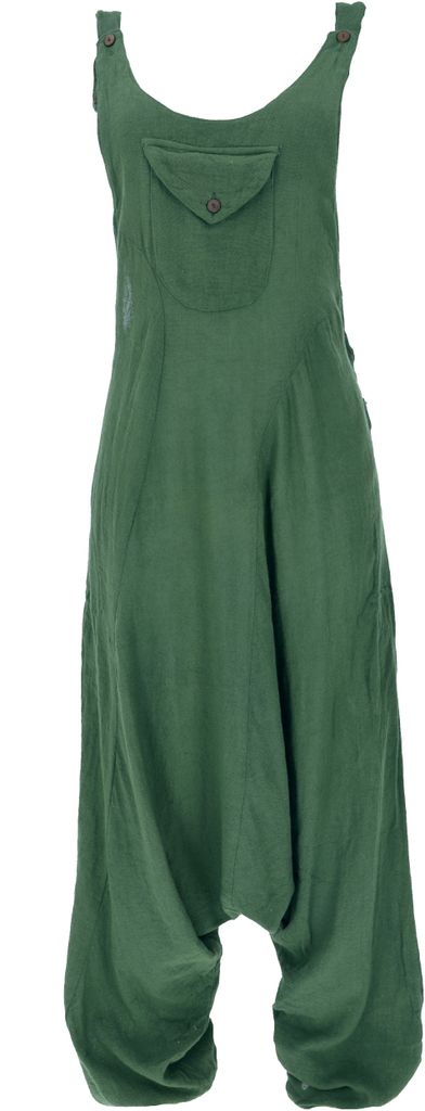 Natürliche Boho Latzhose, Overall, Luftiger Jumpsuit - Olivgrün, Damen, Baumwolle, Hosen