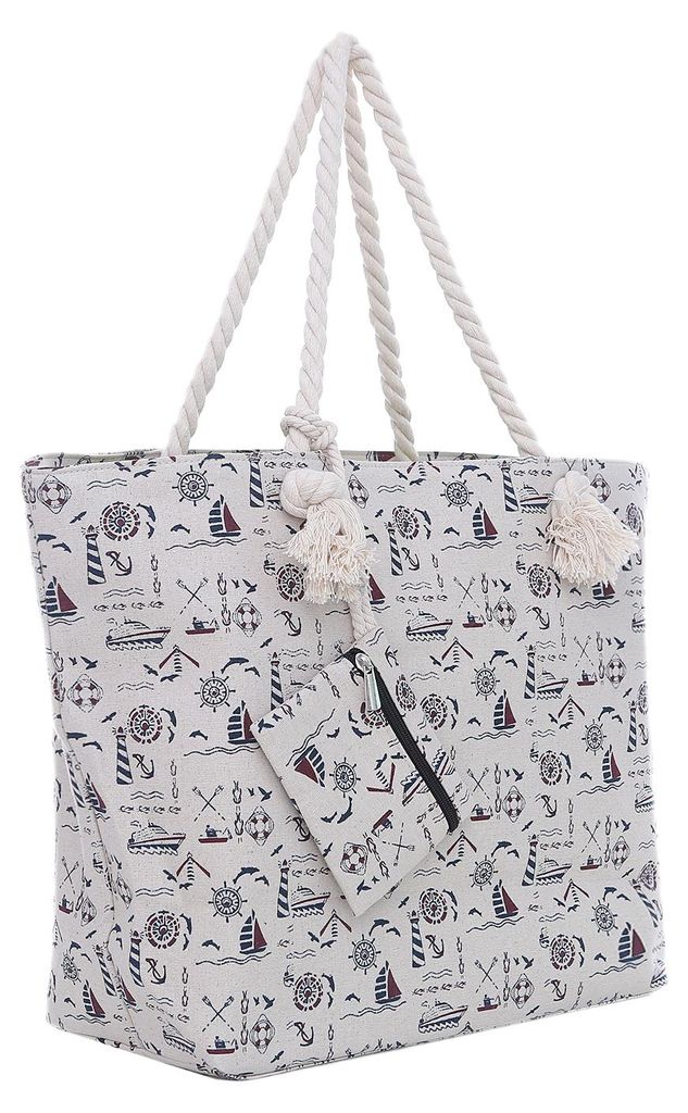 Große Strandtasche Shopper mit Reißverschluss - maritimes Design naturfarben