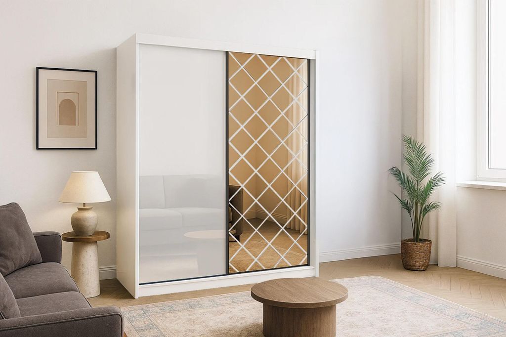 Krudox CAR Weiss Kleiderschrank Schiebetüren 203x216x62 cm Kupfer Spiegel 4 Kleiderstangen Schlafzimmer Schrank