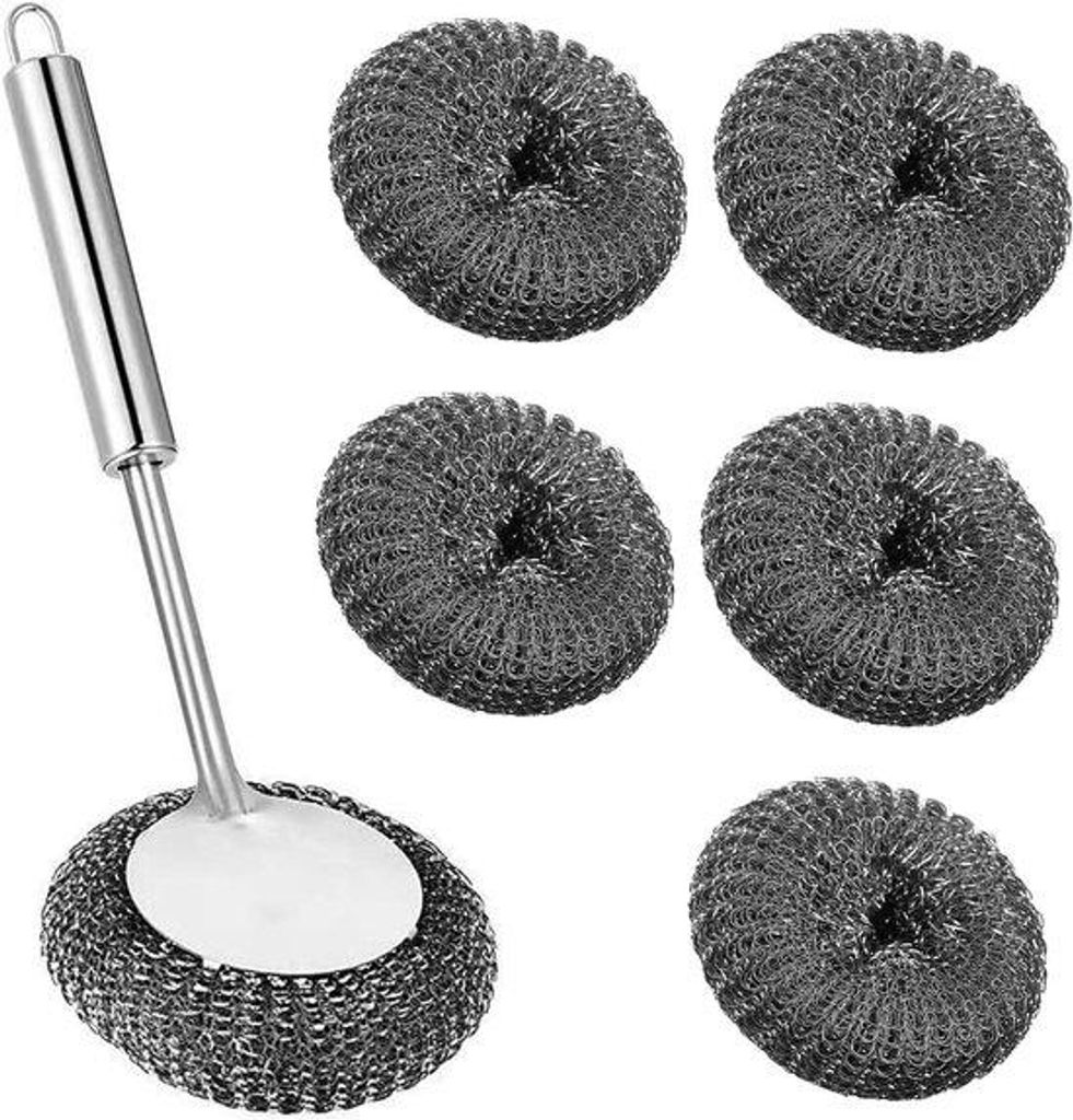 Stahl-Küchenborstel-Set mit Schleifborstel und Recycling-Afwasborstel - Set aus 5 Eisen-Ruten mit Griff für Geschirr, Pfannen und Grillpfannen