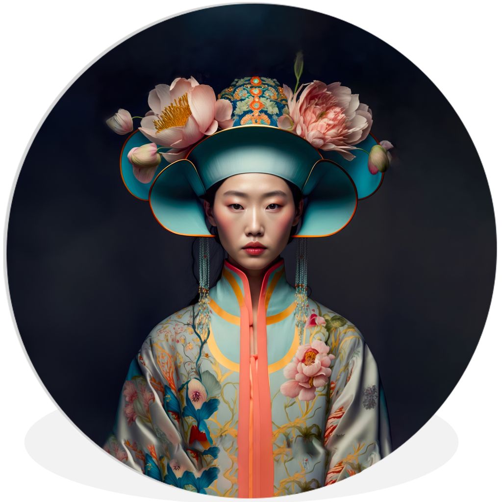 MuchoWow Rundes Wandbild - Runde Bilder Frauen - Asiatisch - Porträt - Kleidung - Blumen Ø 30 cm Kreis Wanddekoration Kunststoff - Wandkreis - ...