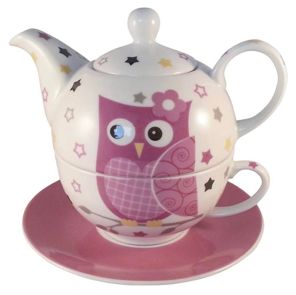 Seyila Home Porzellan-Teekannen-Set Tea for One mit Teekanne, Tasse und Unterteller, 3-teilig Motiv Eule