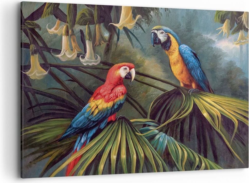 Bild auf Leinwand - Leinwandbild - Einteilig - Ara Papageien Palmen - 120x80cm - Wand Bild - Wanddeko - Wandbilder - Leinwanddruck - Bilder - Wandd...