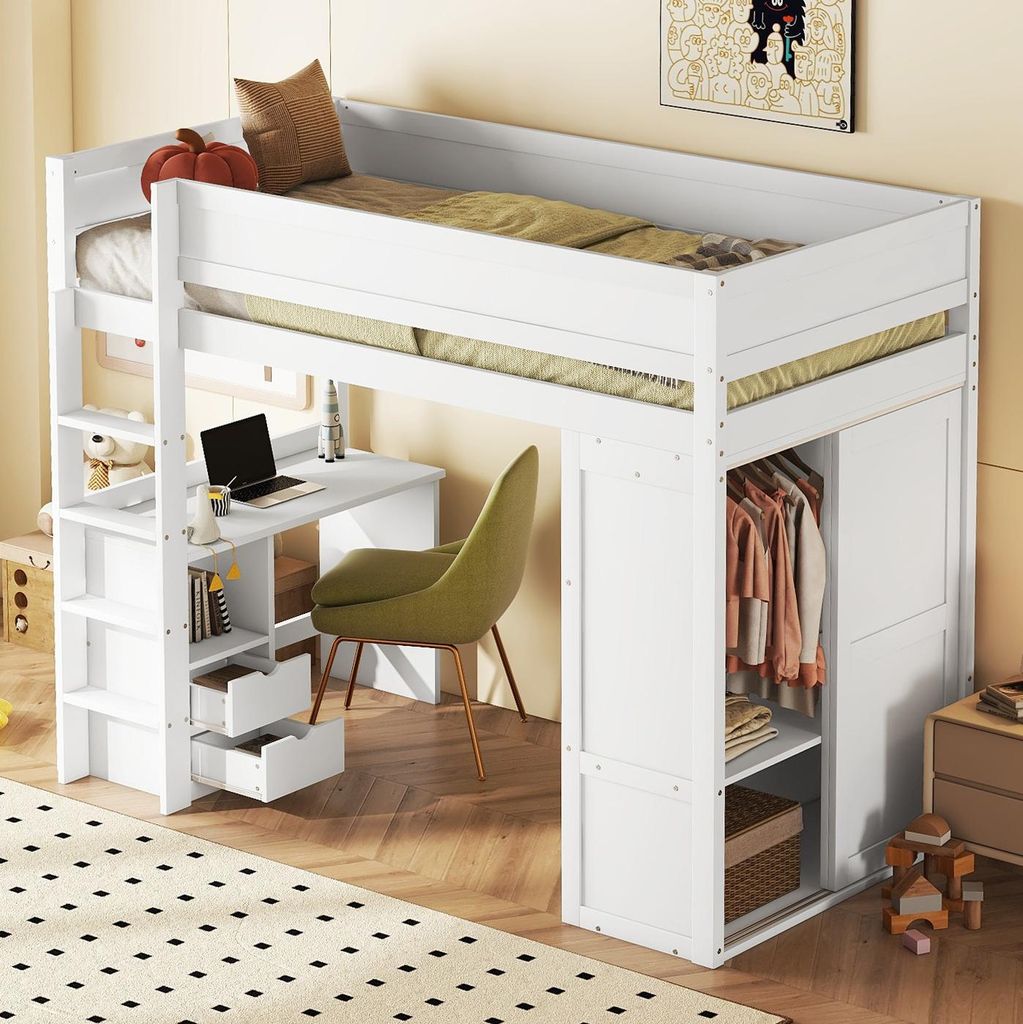 A white loft bed with a desk and wardrobe underneath, set up in a room.