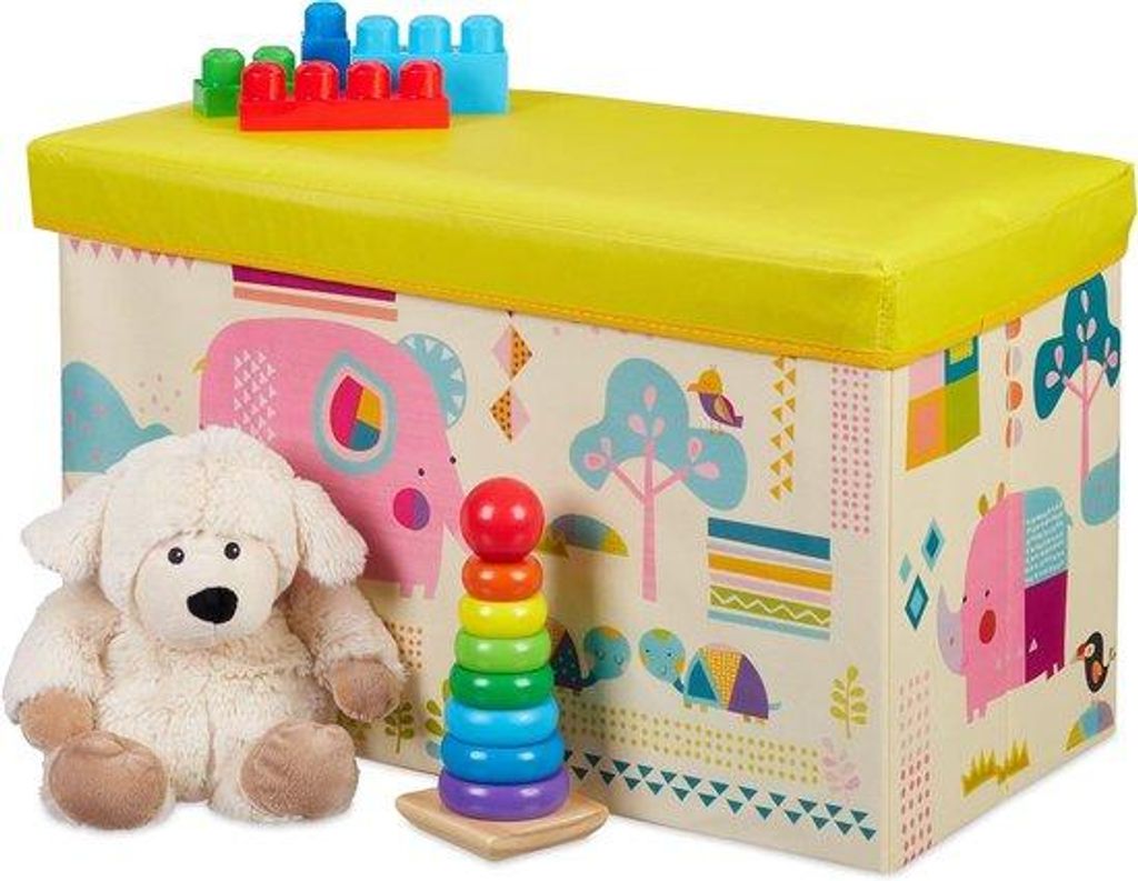Famanu Spielzeugkiste Faltbare Pouf 50 Liter mit Stauraum Tiermotiv Gelb