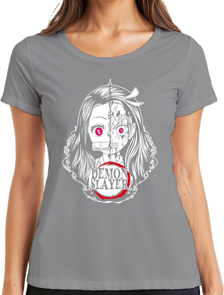 Demon Slayer Nezuko gespaltenes Gesicht Anime Horror Pink Augen Damen T-Shirt, Grau, M