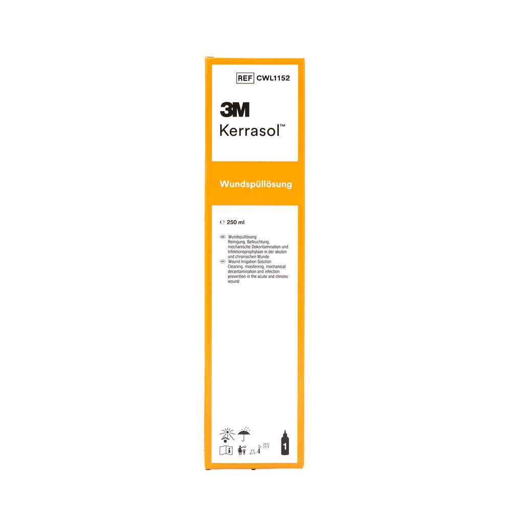 A product shot of a 3M KerraSol Wundspüllösung box.