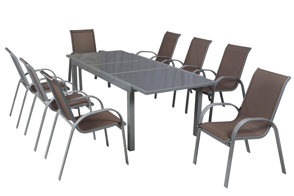 Merxx Gartenmöbel Set Amalfi taupe 9tlg., 8 Stapelsessel, 1 Ausziehtisch 180 (240) x 100 cm - Aluminium/Textil