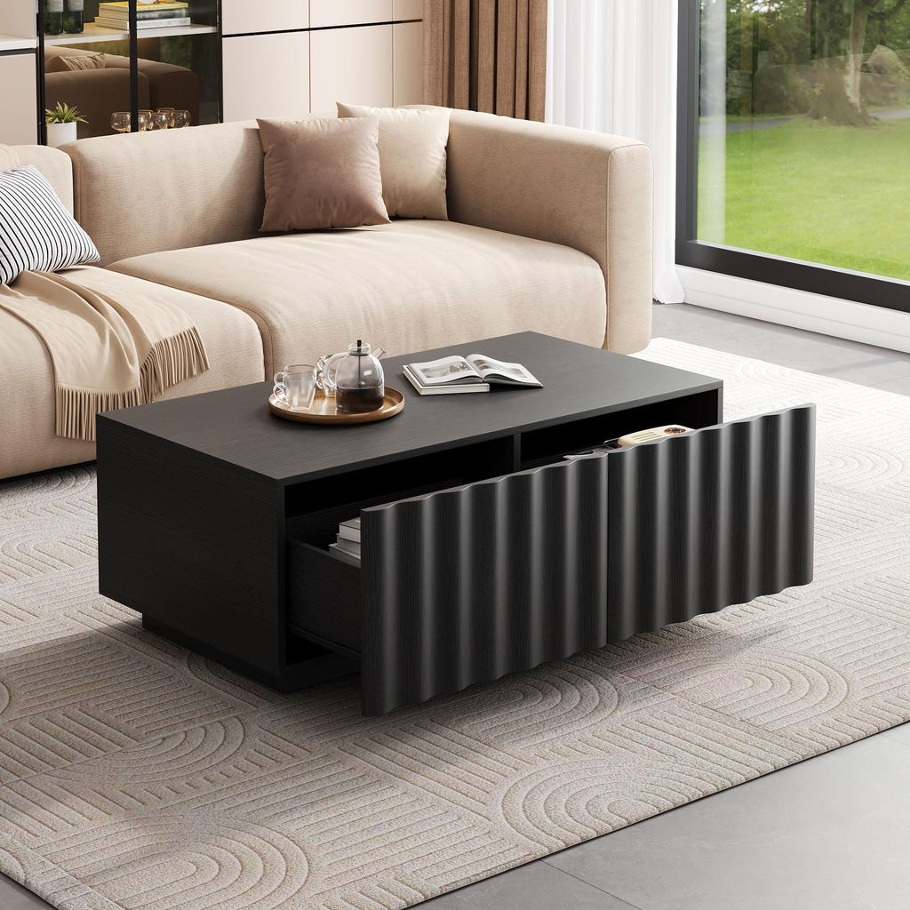 okwish moderner Couchtisch mit zwei Schubladen, wellenförmiges Design, Beistelltisch mit Stauraum, Sofatisch schlichter Stil, Schwarz