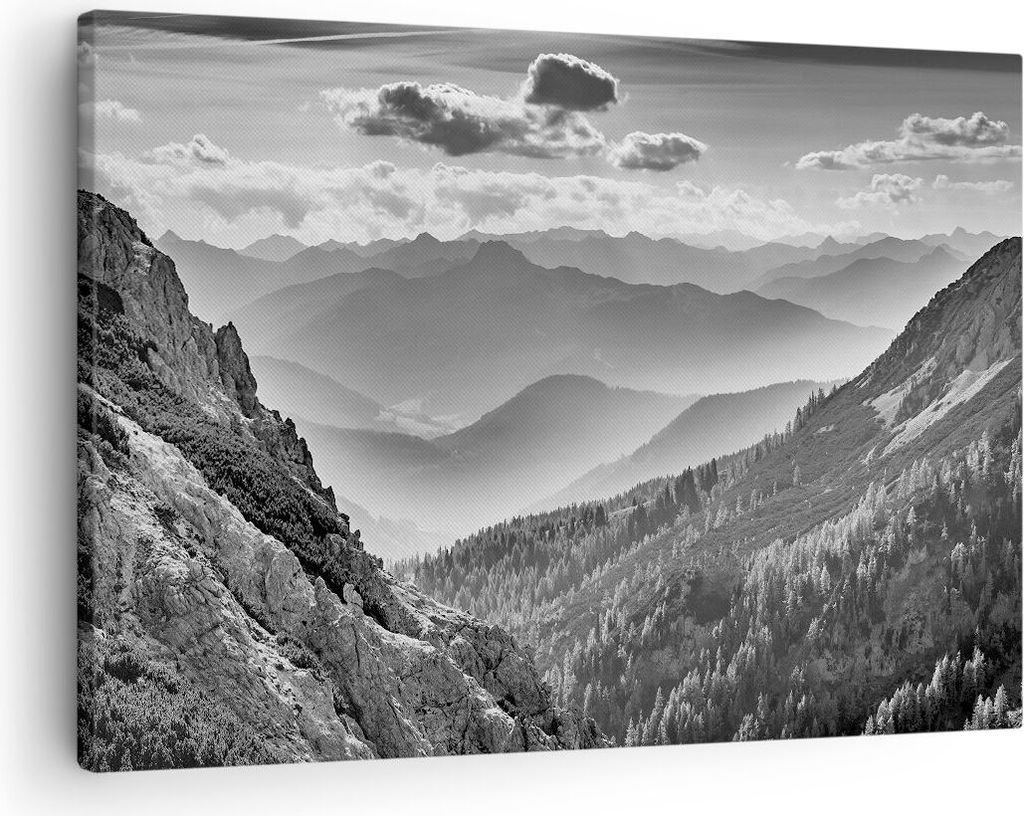 Bild auf Leinwand - Leinwandbild - Einteilig - Schwarzweiß Landschaft Berge - 70x50cm - Wand Bild - Wanddeko - Wandbilder - Leinwanddruck - Bilder...