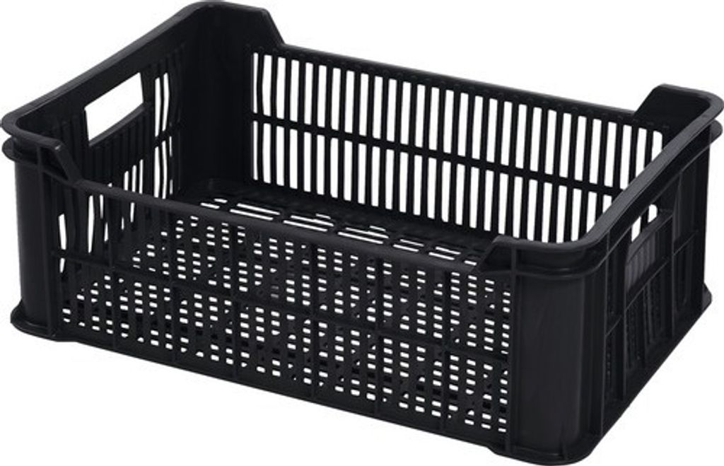 A black plastic crate for fruits and vegetables.