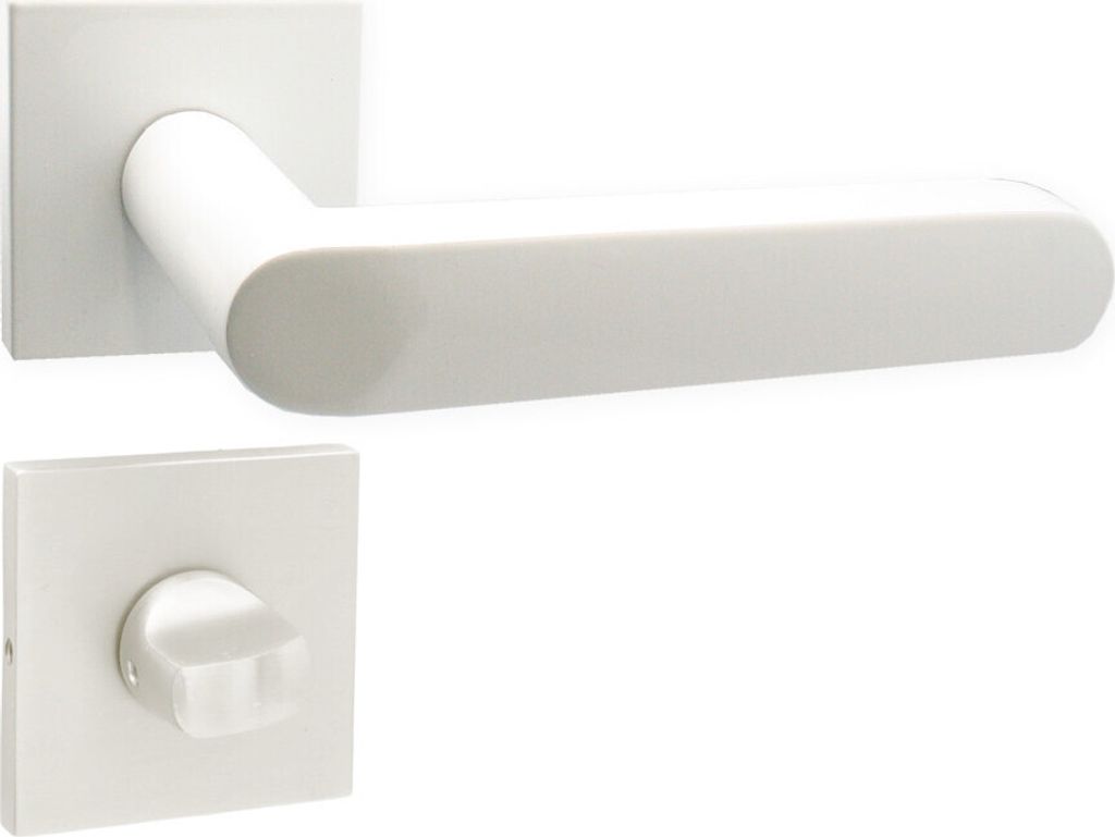 A white door handle set with a square rosette and a separate WC lock mechanism, presented against a plain white background.