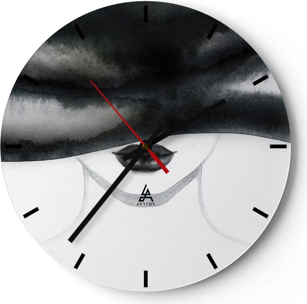 Wanduhr - Rund - Glasuhr - Frau Hut Schwarzweiß - 30x30cm - Schleichendes Uhrwerk - Lautlos - zum Aufhängen bereit - Dekoration Modern - Wanddeko...