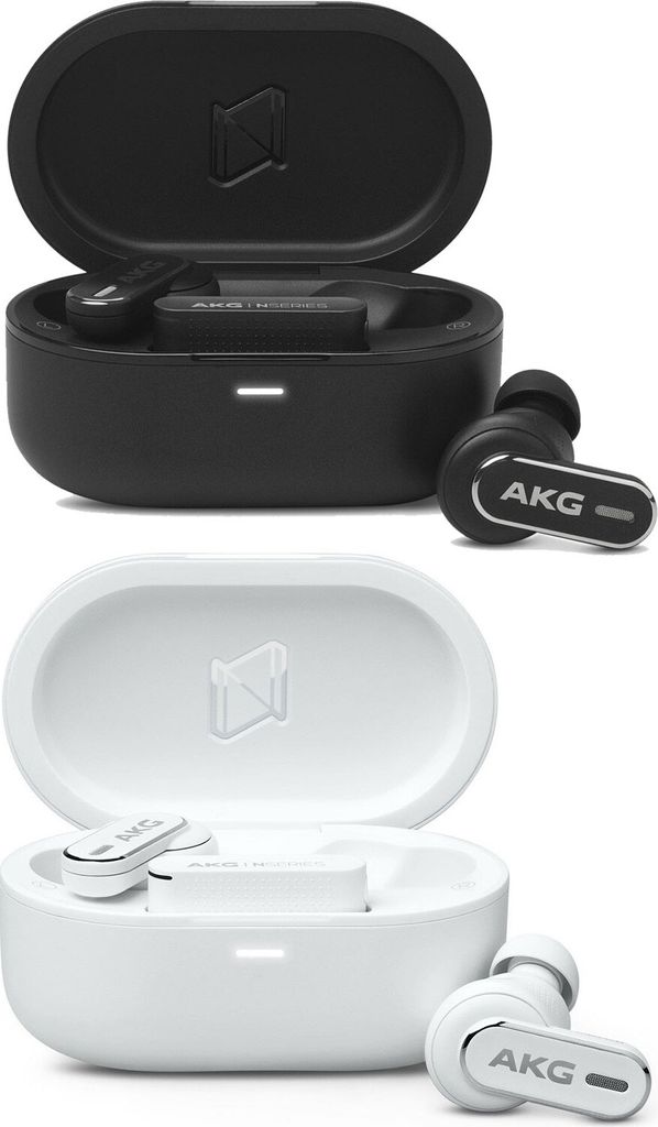 A split image showing two pairs of AKG N5 in-ear headphones, one black and one white, each with their charging cases.