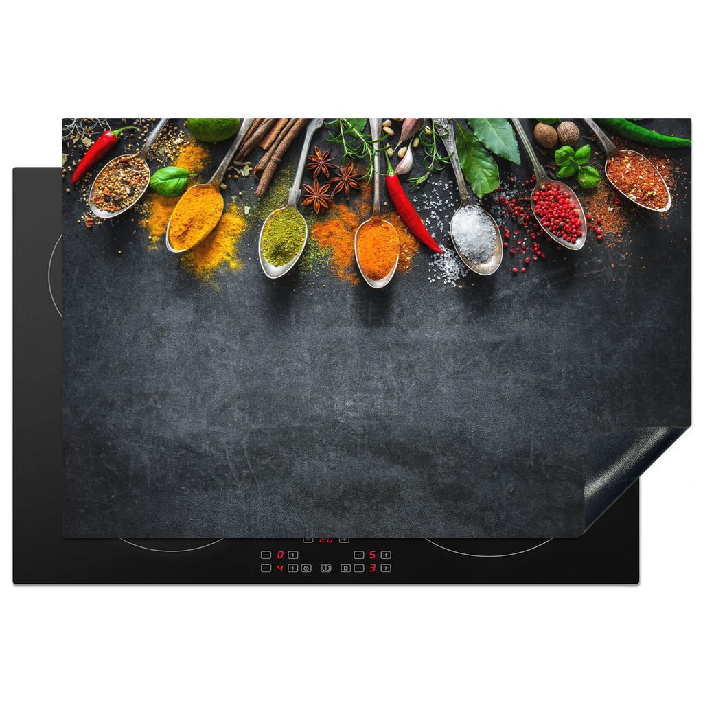 KitchenYeah Herdabdeckplatte Beton - Gewürze - Löffel , 77x51cm, Küche Deko, Glaskeramikkochfeld Herdabdeckung, Abdeckplatte fùr Kochfeld