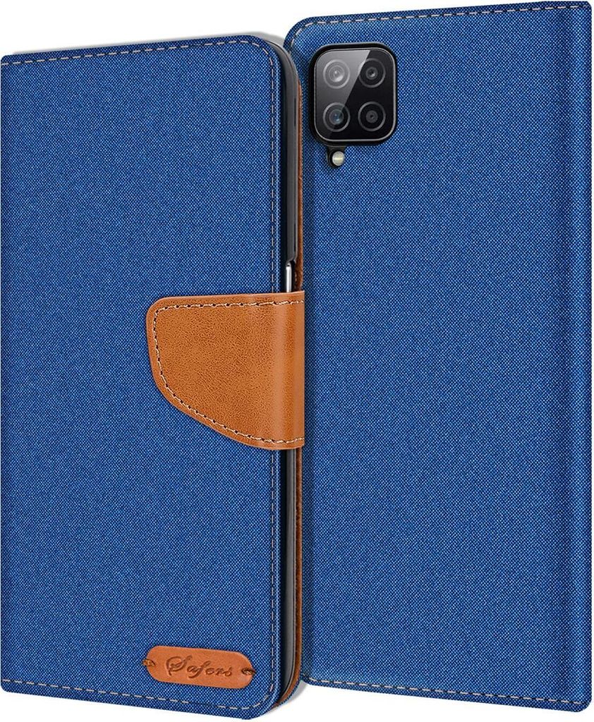 Conie Jeans Style Klapp Tasche für Samsung Galaxy A12 / M12 Kartenfach Hülle Rundumschutz in Blau