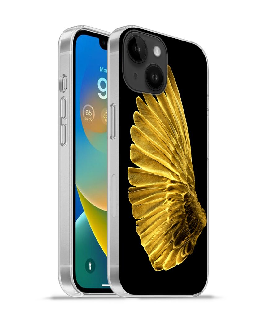 MuchoWow Handyhülle Schutzhülle Hülle für Apple iPhone 14 - Softcase Goldene Flügel auf schwarzem Hintergrund Silikon Softcase Handy Hülle ...