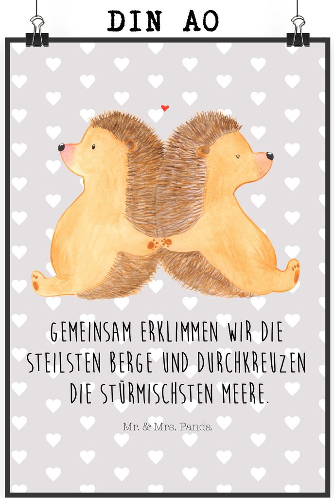 Mr. & Mrs. Panda Bild Igel händchenhaltend DIN A0 - Grau Pastell - Geschenk, Verknallt, Hochzeit, Deko, Wandbild, wanddeko, Beziehung, Designposte...