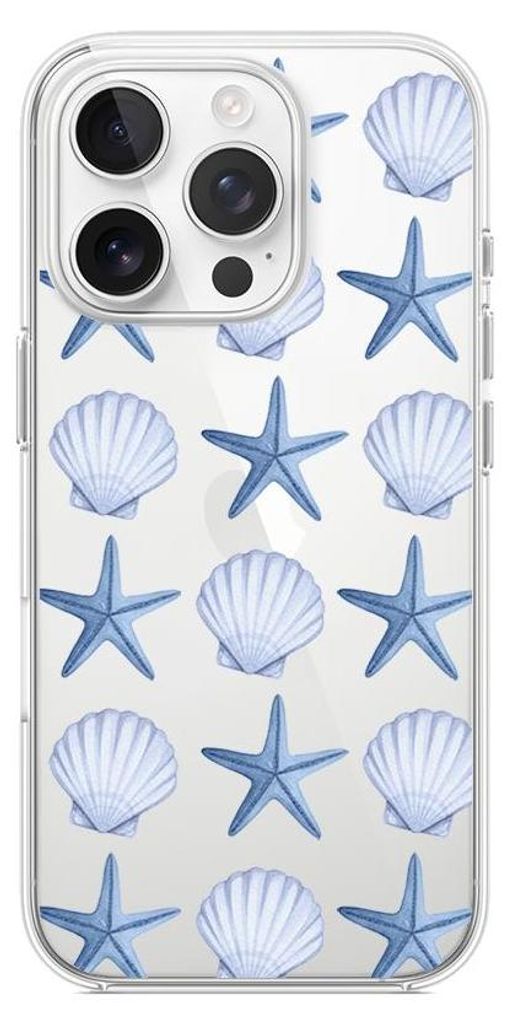 Flexible Hülle für das iPhone 15 Pro, TPU Silikon transparent, Blaue Seesterne
