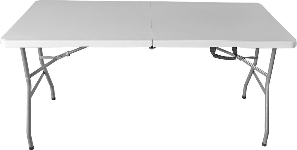 A white folding table with gray metal legs is shown against a white background.