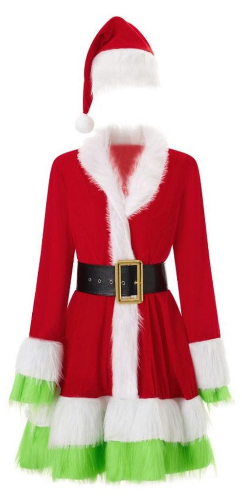 Weihnachtskostüm für Damen, 2-teiliges Set aus Frau-der-Weihnachtsfrau-Kostüm und Hut, samtweiches Fell-Weihnachtsmannkostüm für Weihnachtsfei...