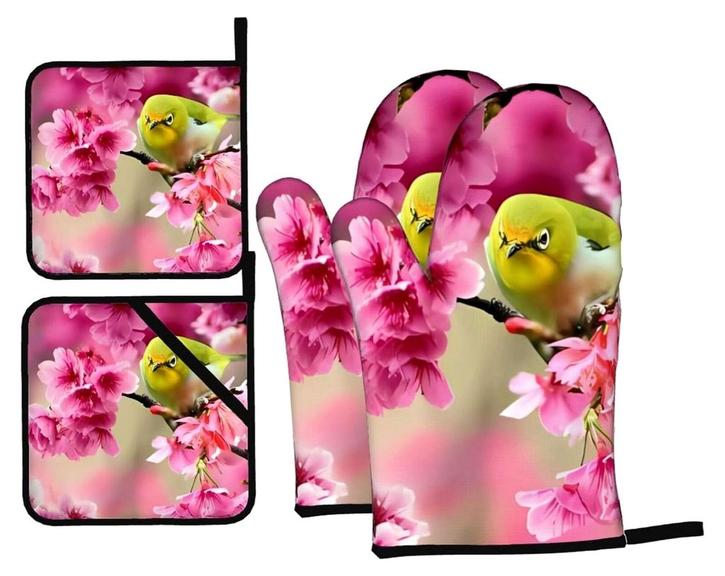 Ofenhandschuhe und Topflappen mit Vogelmotiv in Pfirsichbaum, hitzebeständig und rutschfest, für Küche, Kochen, Backen und Grillen