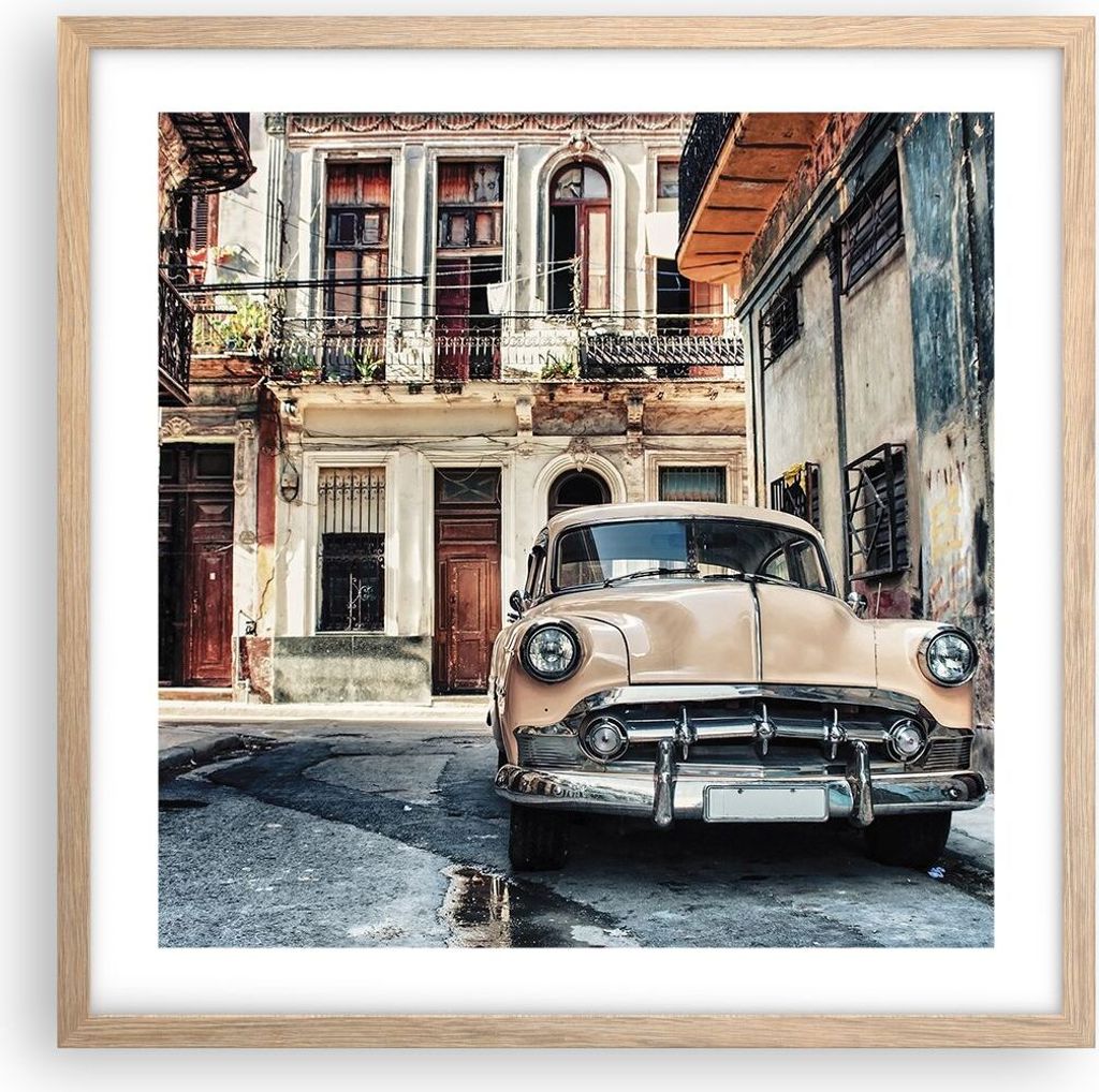 Gerahmtes Poster - Rahmen in heller Eiche - Kubanisch Auto Mietshäuser - 50x50 cm - Wand Bild - Wanddeko - Wandbilder - Kunstposter - Wandposter -...