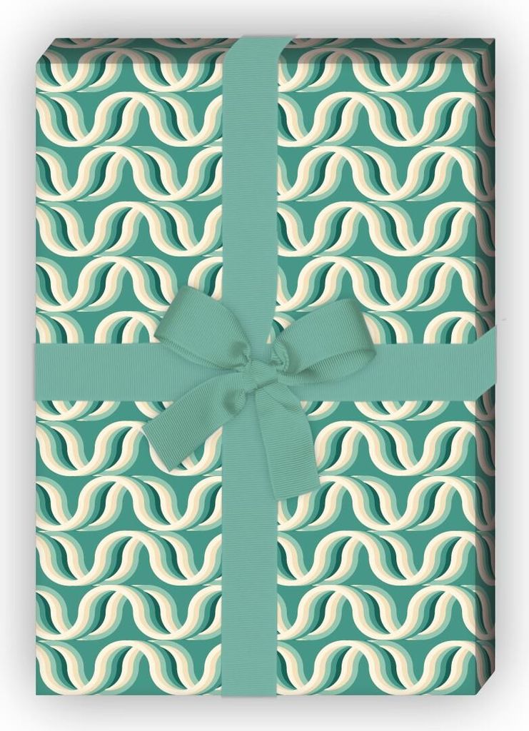 Retro Wellen Geschenkpapier Set mit Vintage Linien, grün - G8512, 32 x 48cm