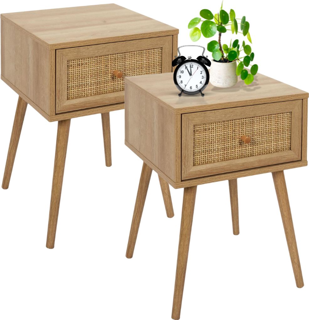 "MISOU Nachttisch mit Schublade Set von 2 Rattan Geflecht Holz"