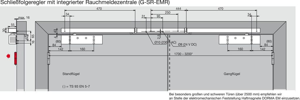 Türschließer TS 93B GSR-EMR2-V | Größe EN 2-5 , 2 Flügel | mit Gleitschiene und Feststellung inkl. Rauchschaltzentrale, silber