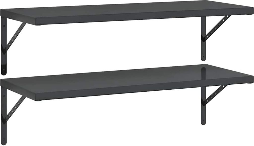 Two black wall shelves are mounted on a white background.
