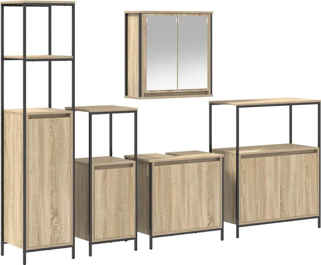 Badezimmermöbel-Set mit Regal 5 pcs Sonoma Eiche und Schwarz