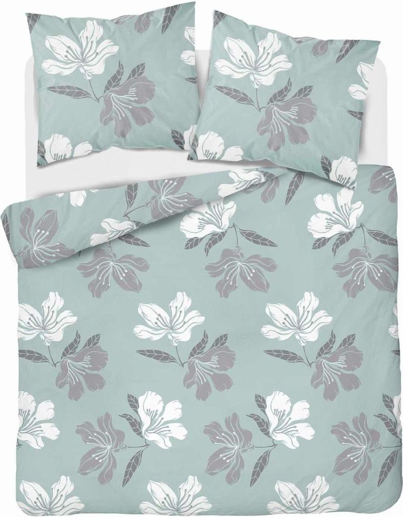 A top-down view of a bedding set with a floral pattern on a light mint green background.