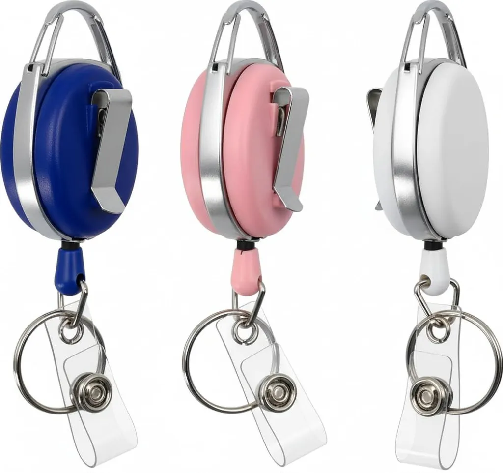 Porte-clés rétractable avec porte-carte lot de 3 badges bleu rose blanc