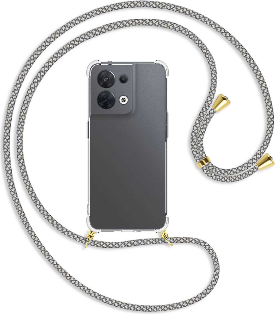 Handykette Backcover-Schutzhülle mit Band (Metall goldfarben) für Oppo Reno8 5G (CPH2359, 6.4'') - weiß/grau kariert
