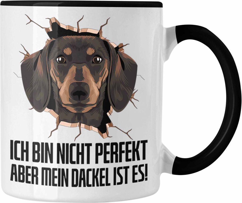 Trendation - Dackel 3D Grafik Tasse Geschenk für Dackelbesitzerin Kaffee-Becher Ich Bin Nicht Perfekt Aber Mein Dackel Ist Es (Schwarz)