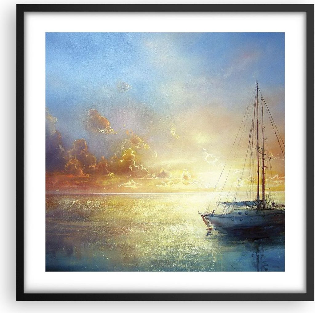 Gerahmtes Poster - Schwarzer Rahmen - Segelboot Westen die Sonne - 50x50 cm - Wand Bild - Wanddeko - Wandbilder - Wandposter - Bilderrahmen - Bilde...
