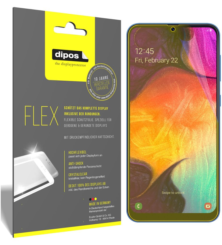 3x Samsung Galaxy A50 Schutzfolie Folie, 100% Displayabdeckung, dipos Flex