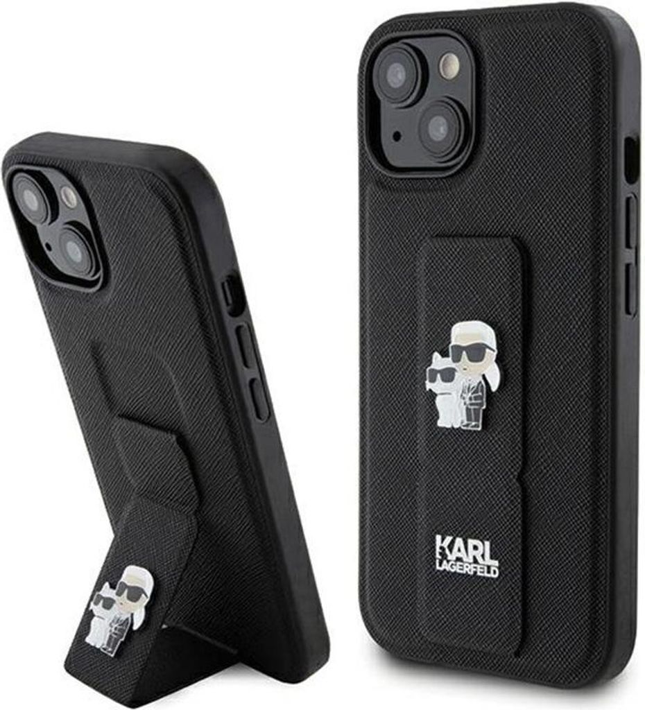 Karl Lagerfeld Gripstand Saffiano Karl & Choupette Pins - iPhone 15 Hülle (Schwarz)